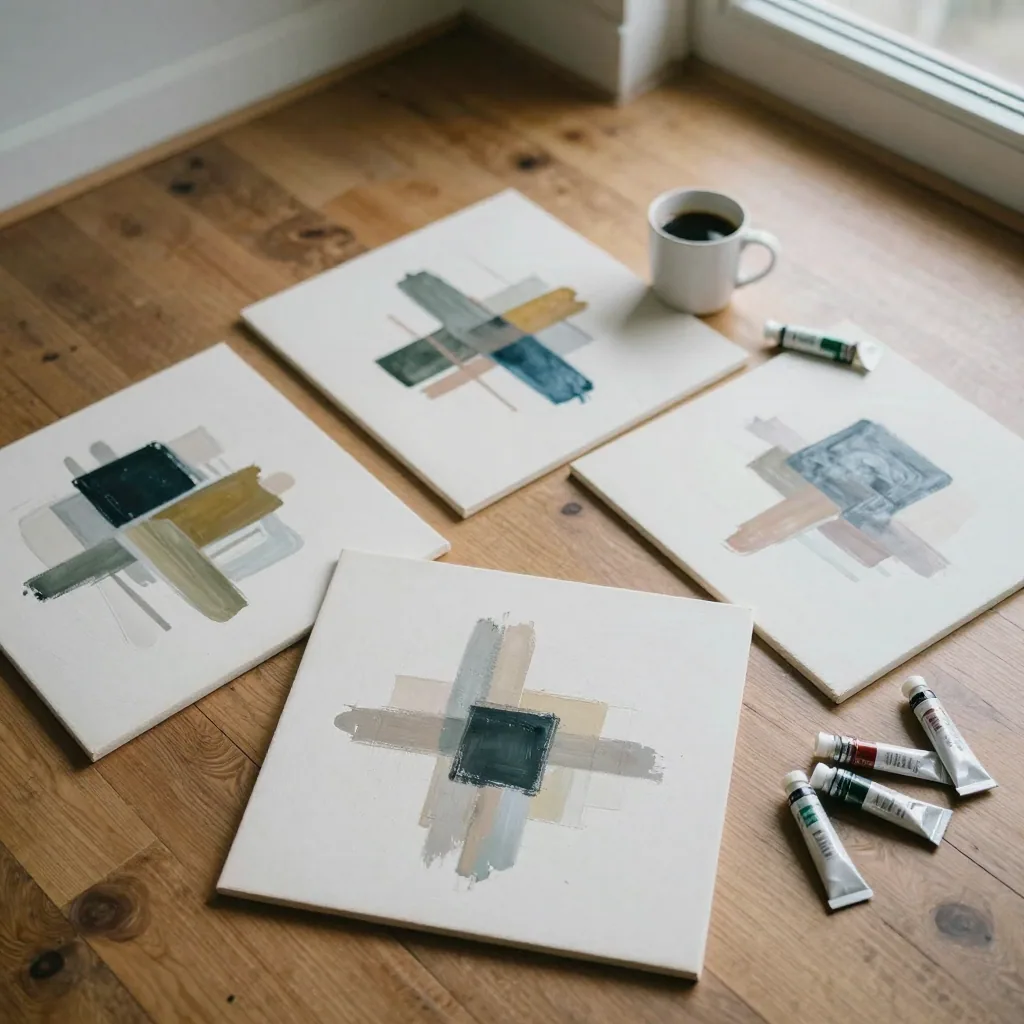 Overhead flat lay of several square abstract painted panels arranged on a wooden floor beside a mug of coffee and scattered paint tubes
