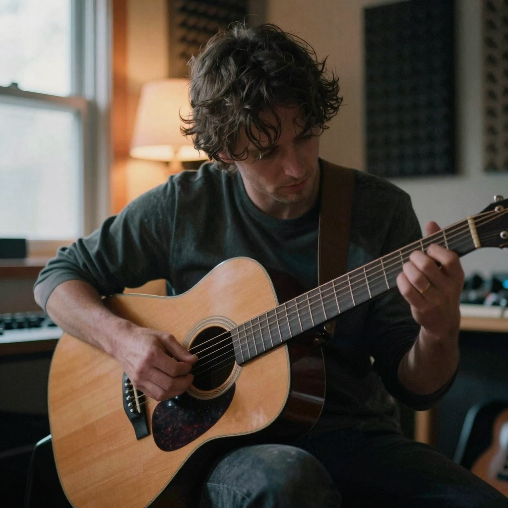 A guitarist's hands mid-strum on a warm acoustic guitar in a dim home studio, soft amber lamp glow, sound-treated foam panels blurred in the