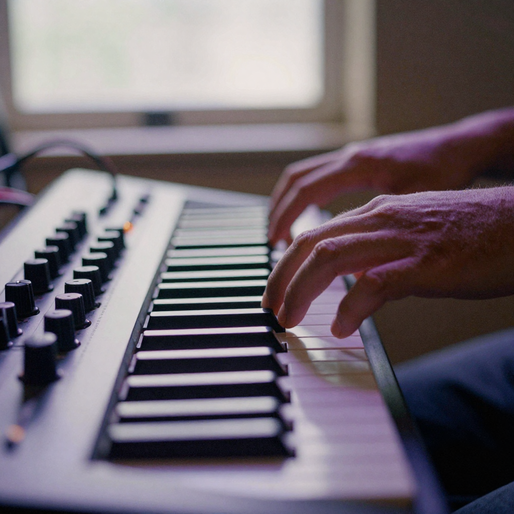 Close-up of fingers pressing down on a synthesizer's keys, knobs and patch cables glowing under moody purple studio light, hands in motion