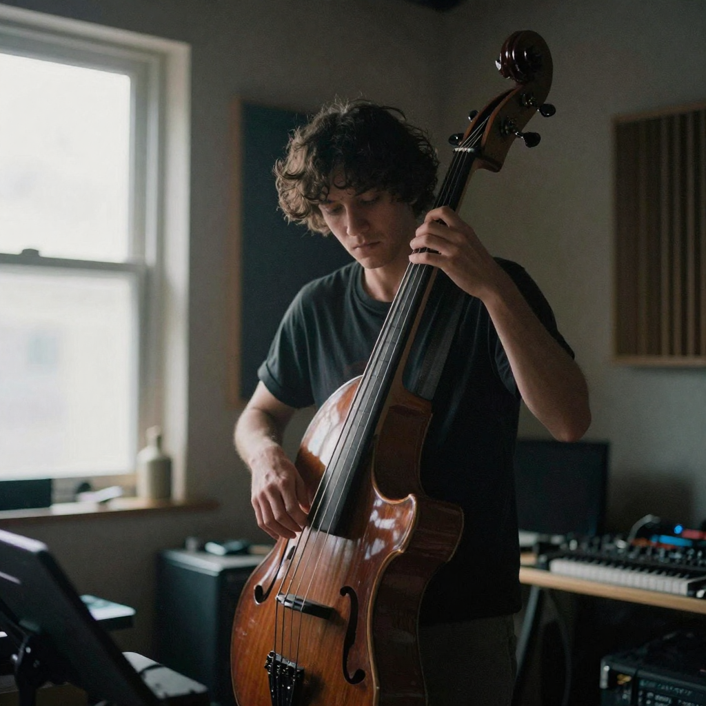 A bassist standing in a shadowy studio, plucking strings with focused expression, rim light catching the instrument's curve, moody atmospher