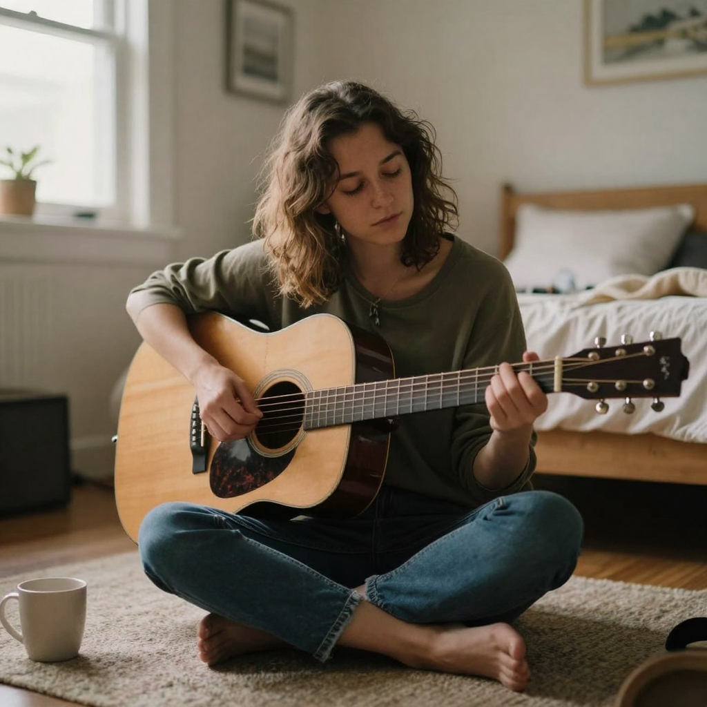 A songwriter strumming an acoustic guitar cross-legged on a rug in a warm lamplit bedroom, eyes closed mid-chord, soft golden light, a coffe