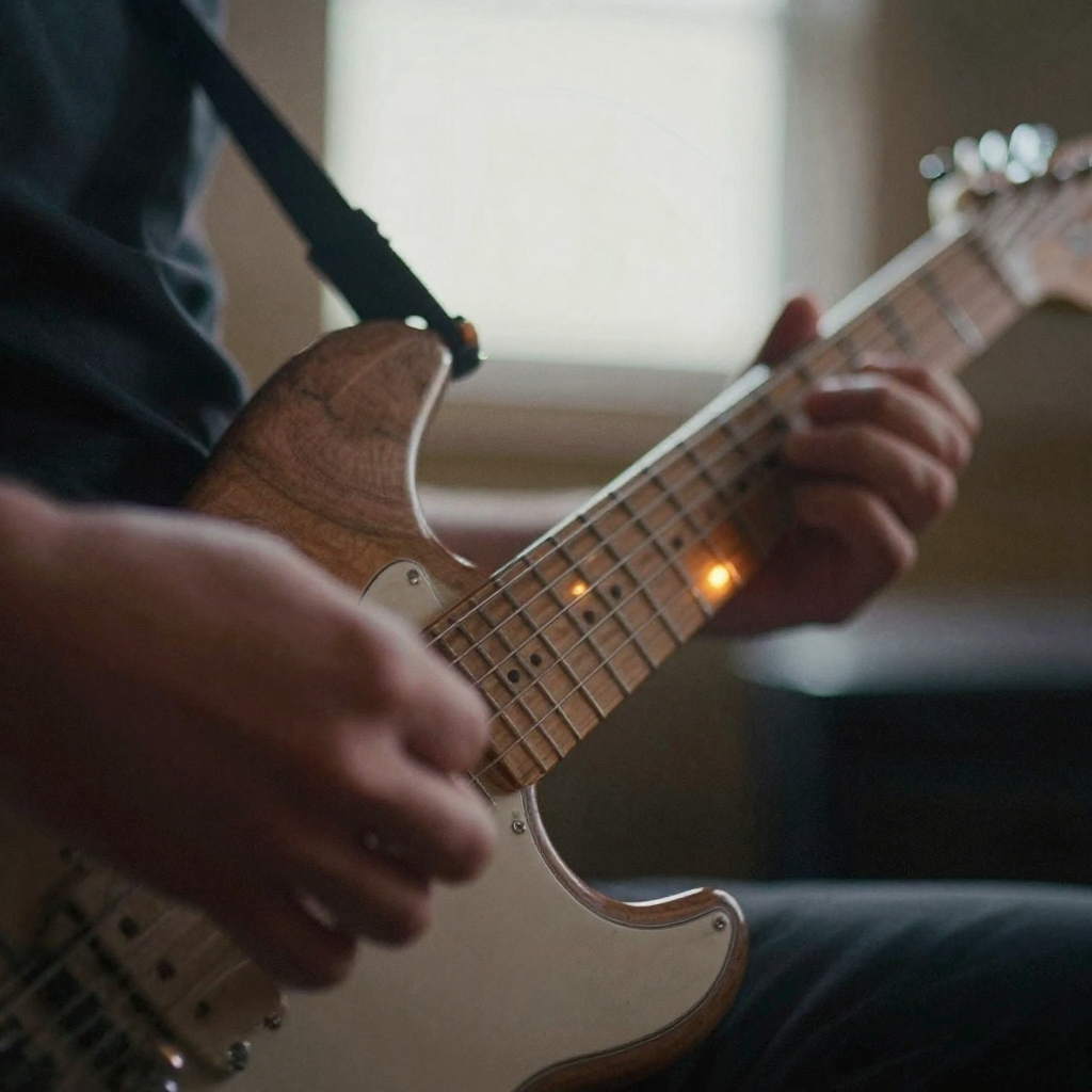 Close-up of fingers pressing down on electric guitar strings, warm stage rim light catching the fretboard, blurred amber glow behind, shallo
