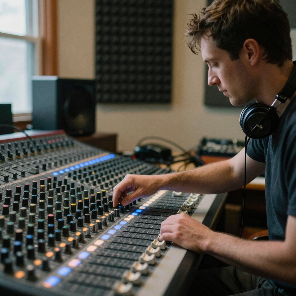 A producer in a dim home studio adjusting a mixing console knob, glowing LED faders and soft blue light, foam panels on the wall, headphones