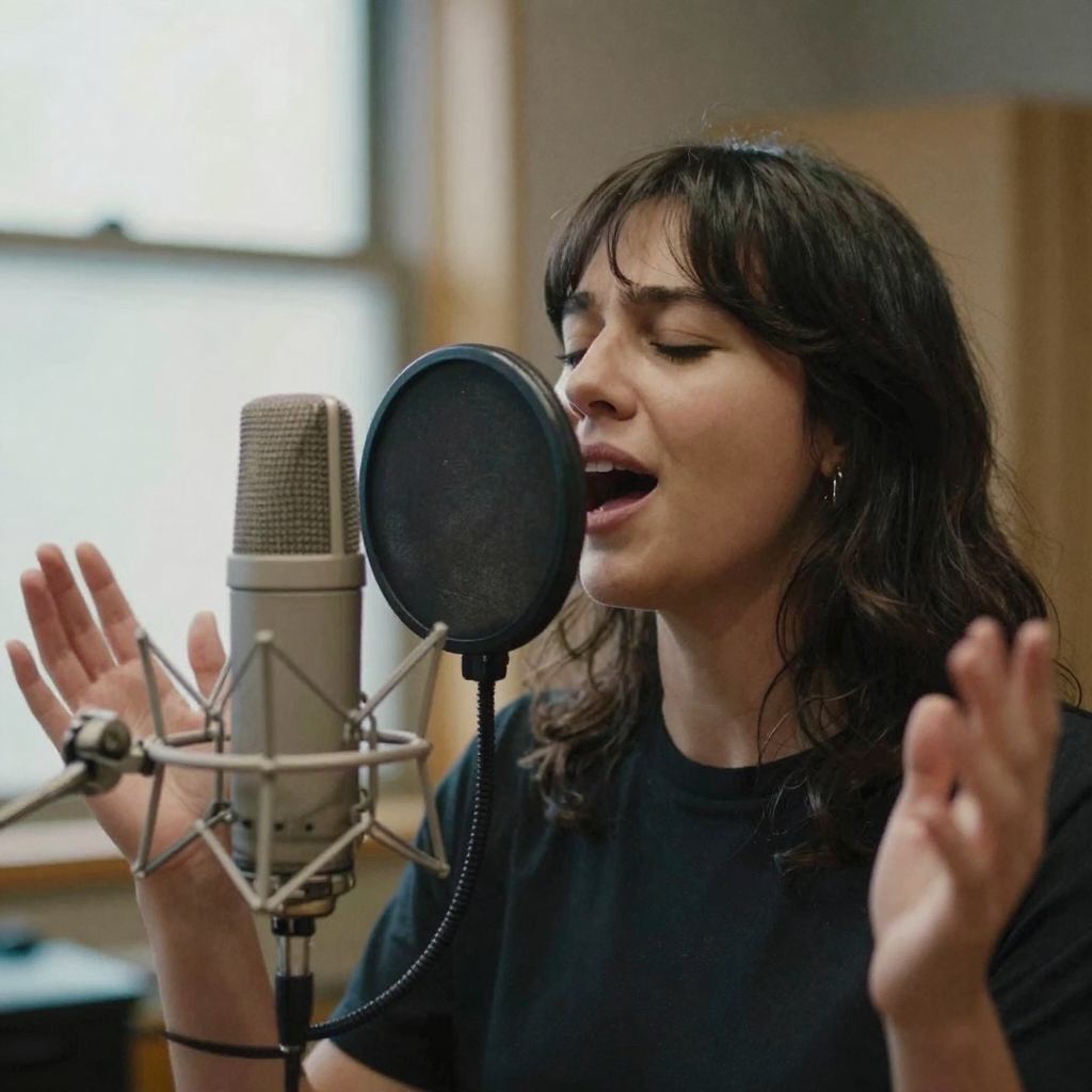 A vocalist singing into a large studio condenser microphone behind a pop filter in a warm-lit booth, eyes shut, hand raised, soft focus back