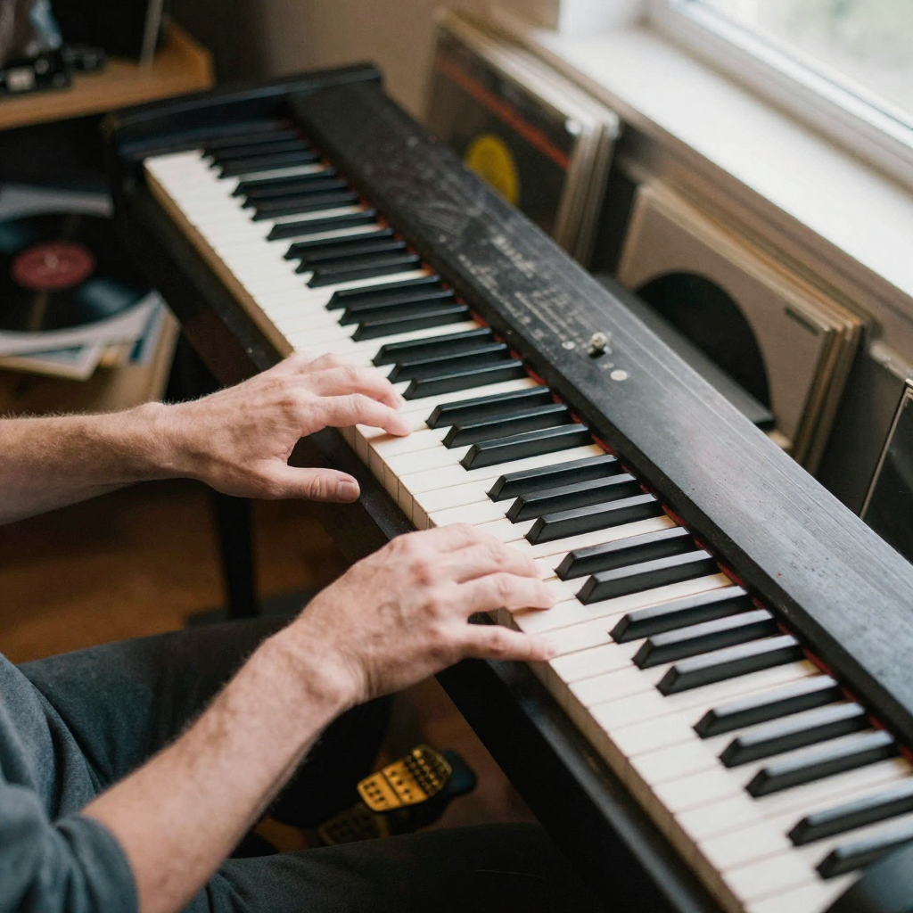 Overhead of a piano keyboard with a musician's hands mid-chord, brass sustain pedal below, warm practice-room light and scattered vinyl reco