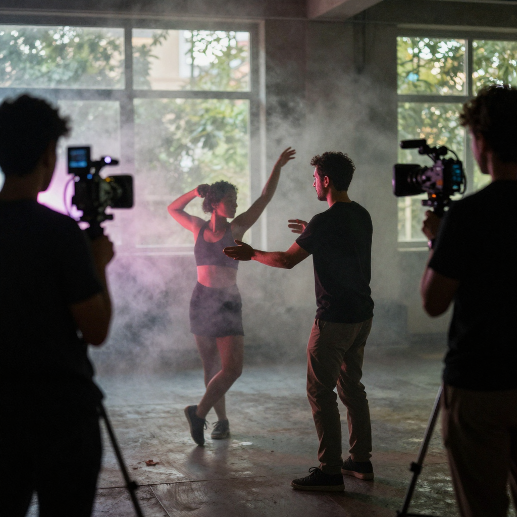 A director on a neon-lit set at night guiding a dancer through a move, fog machine haze catching the colored lights, camera crew silhouetted
