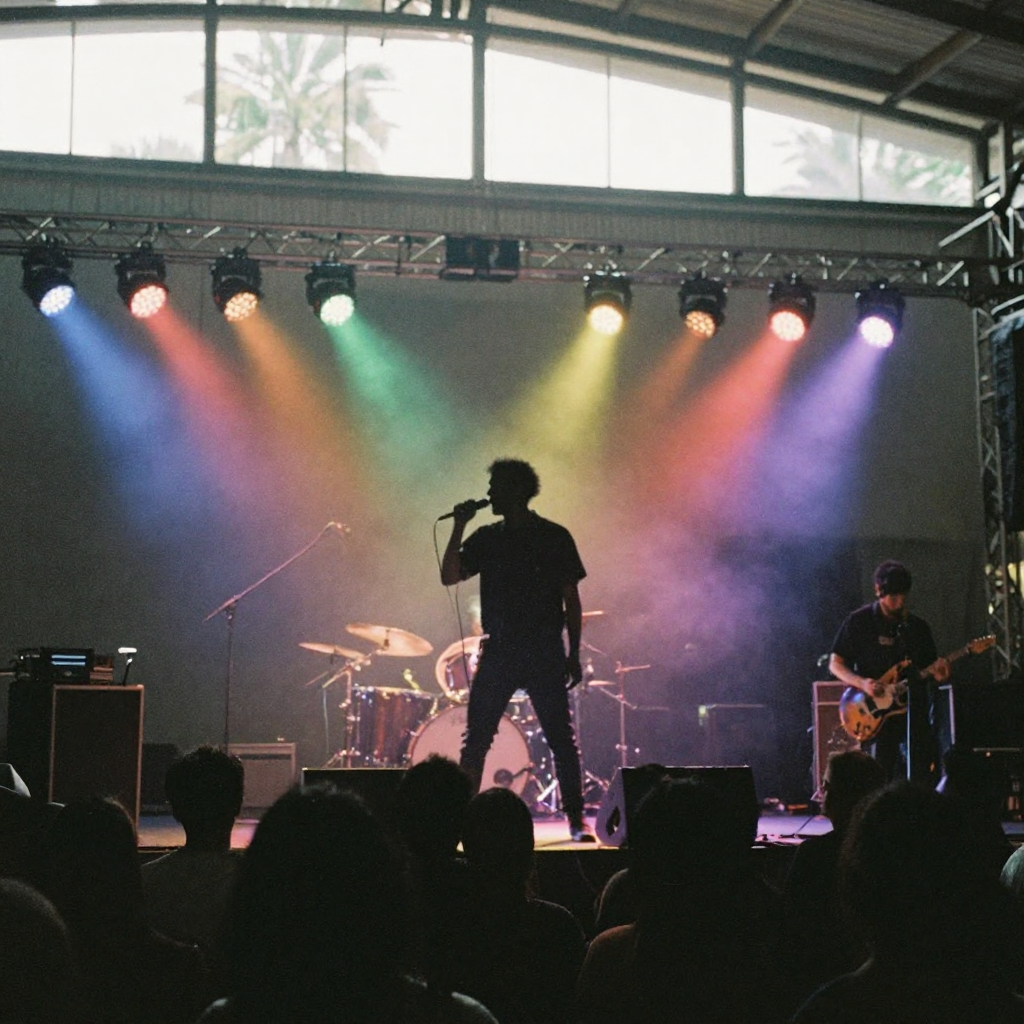 a vibrant concert stage bathed in colorful stage lights with a silhouetted performer, dynamic