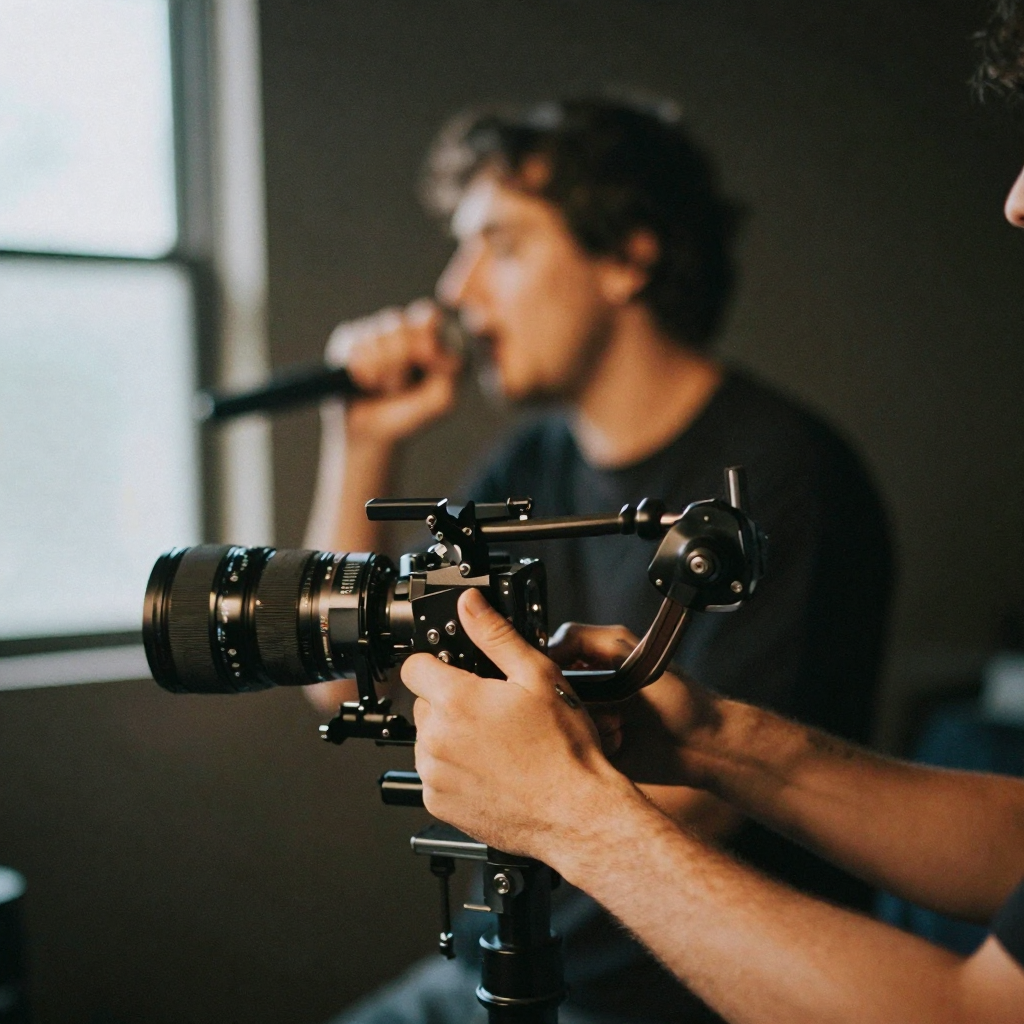 Close-up of hands on a gimbal rig tracking a singer mid-performance under warm stage lighting, motion blur of the moving shot, dark backdrop