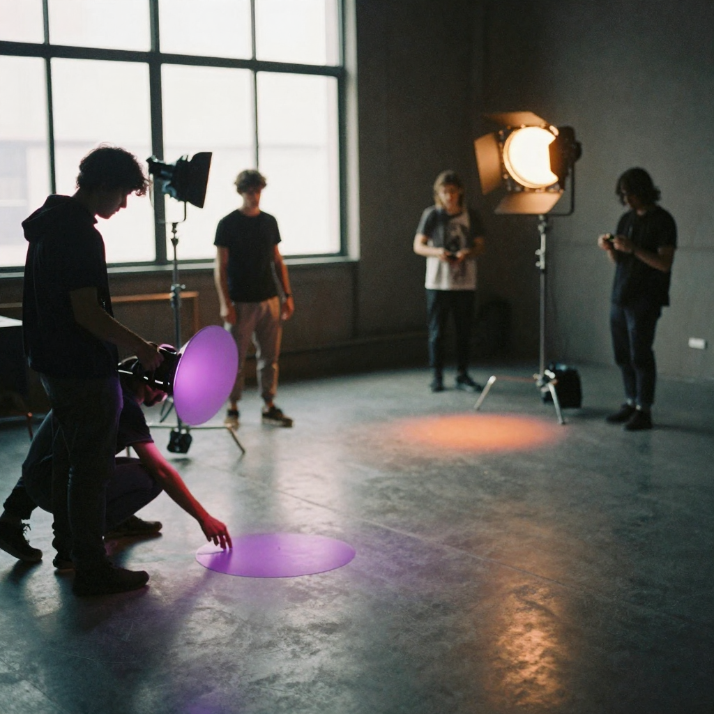 A film crew arranging colored gels over studio lights on a dark soundstage, purple and orange glow spilling across the empty stage floor