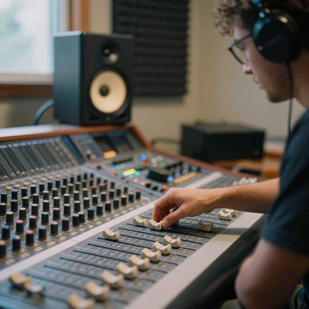 A music producer at a home studio adjusting a single fader on an audio mixing console, warm monitor glow off-frame, foam acoustic panels blu