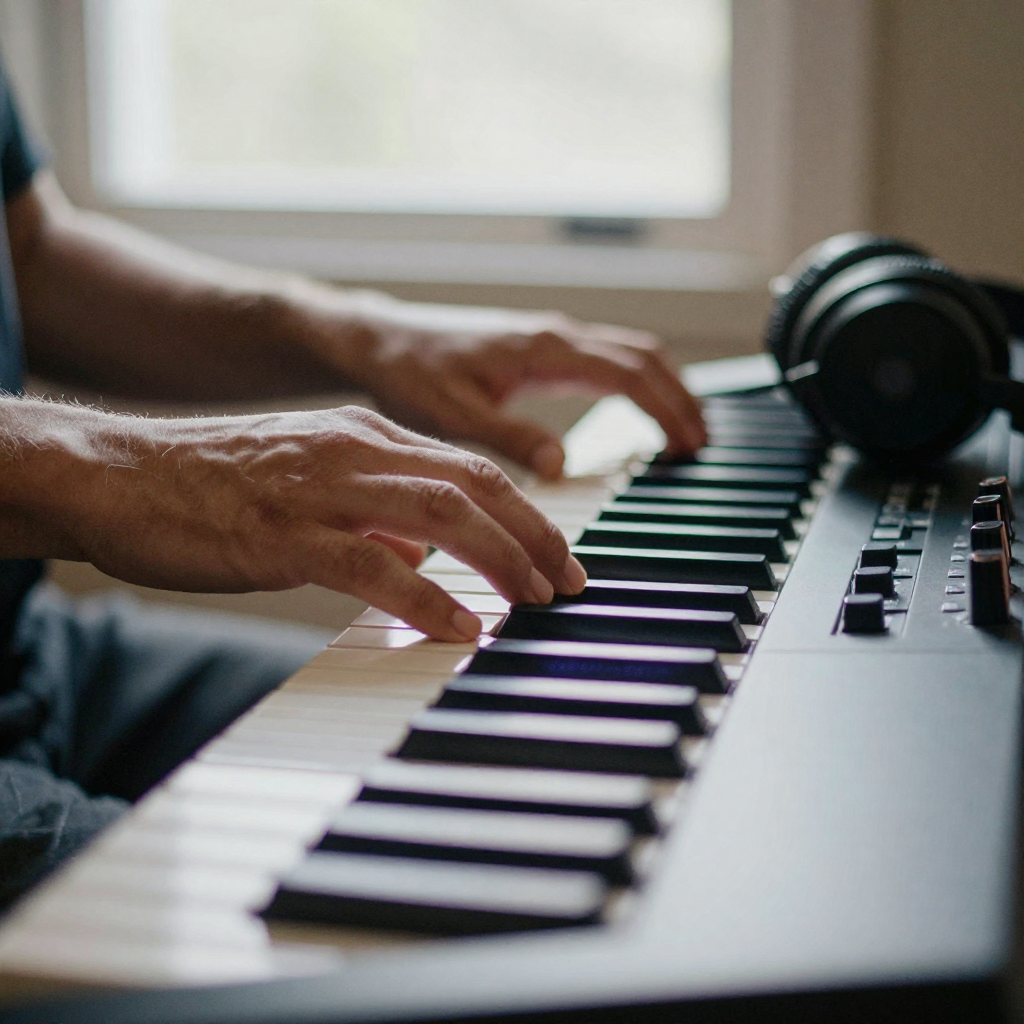 Close-up of hands on a MIDI keyboard mid-chord, studio headphones resting on the wrist, soft purple LED lighting across the keys