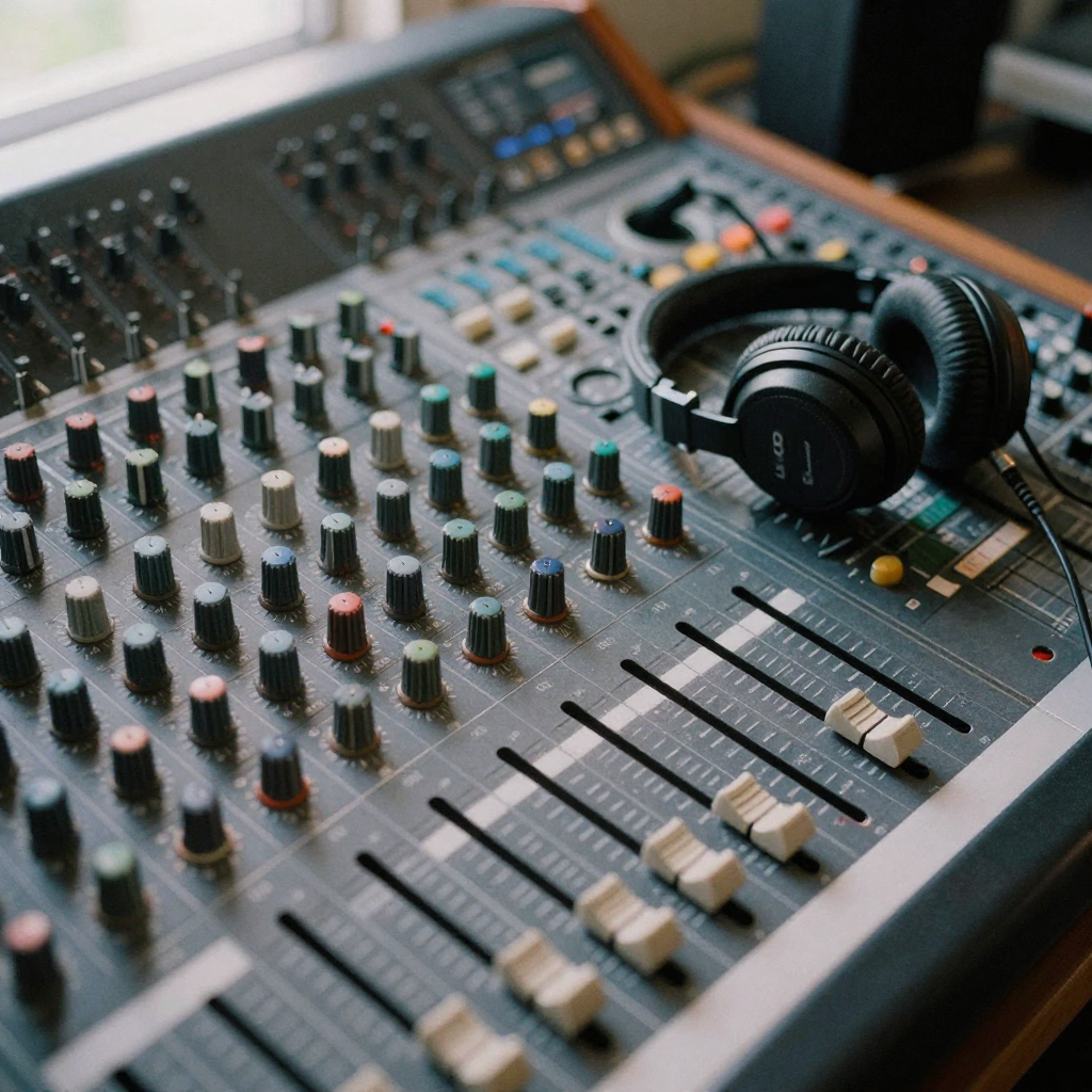 An overhead shot of an analog mixing desk with rows of knobs and faders, a pair of over-ear headphones and a coiled cable resting on the sur