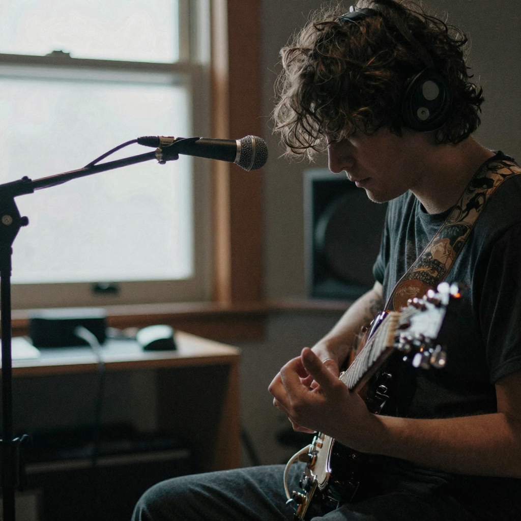 A musician in a dim studio replaying a passage on an electric guitar, one hand on the fretboard, a microphone on a boom arm angled toward th
