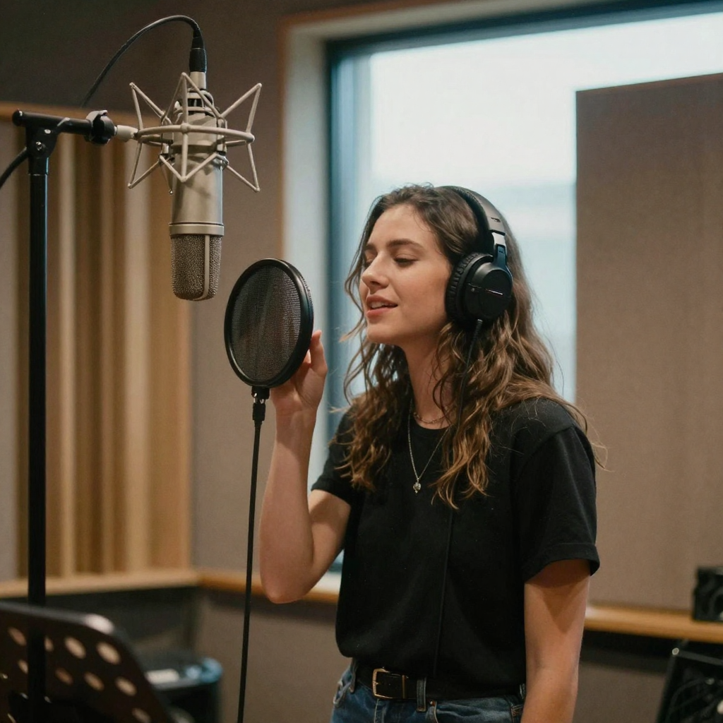 a singer performing at a studio microphone in a warm-lit recording booth