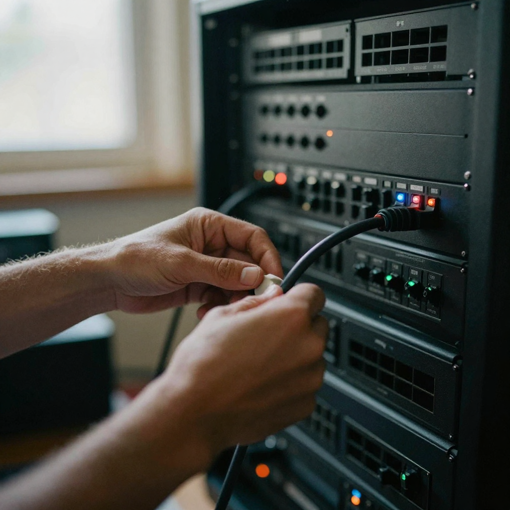 Close-up of hands wrapping a coiled patch cable beside a rack of studio gear, small colored indicator lights glowing in the low light