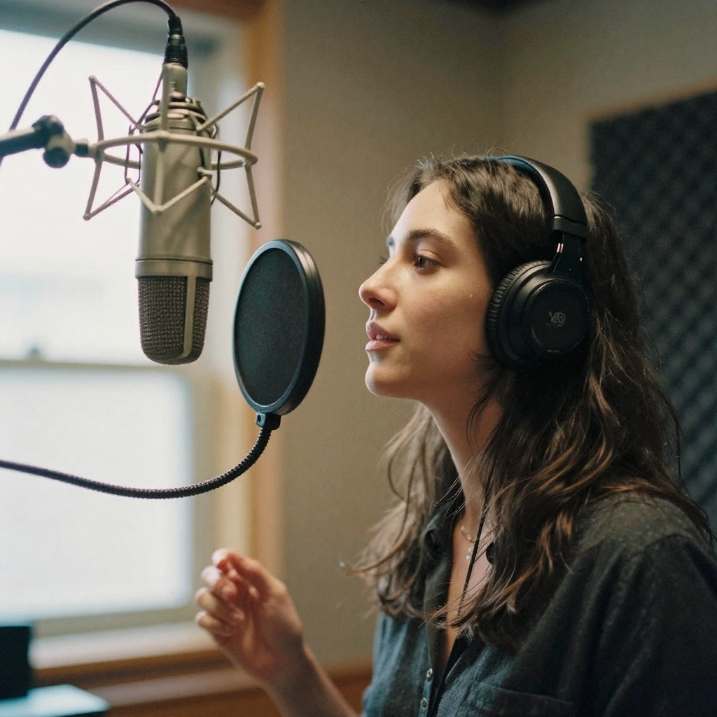 A vocalist stepping back from a suspended studio microphone in a foam-lined booth, pop filter in front, warm key light on her face