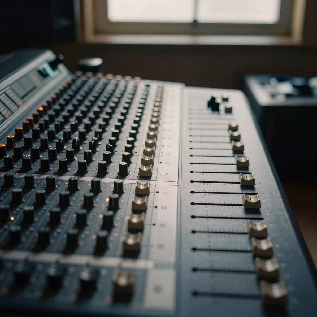 Overhead of a mixing desk split visually down the middle by a shaft of light, one side of faders lit and the other in shadow, moody studio