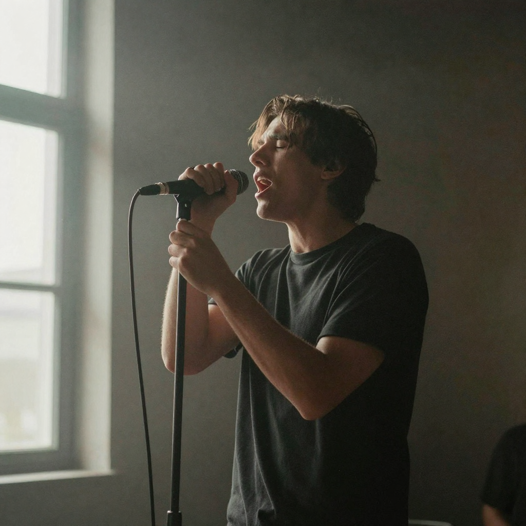 A vocalist gripping a microphone stand mid-performance, mouth open in song, eyes closed, dramatic single spotlight cutting through a dark st