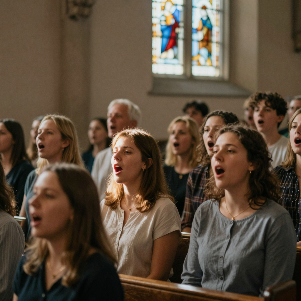 A choir of singers in a softly lit church, mouths open in unison, warm light from stained glass falling across their faces