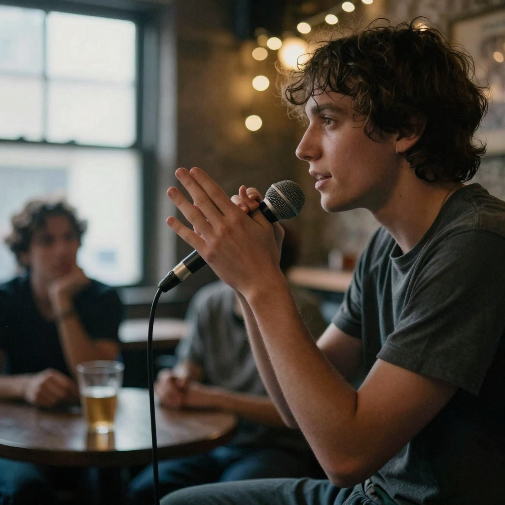 Hands cupped around a microphone at an intimate open-mic night, performer leaning in, dim bar lighting with bokeh string lights behind
