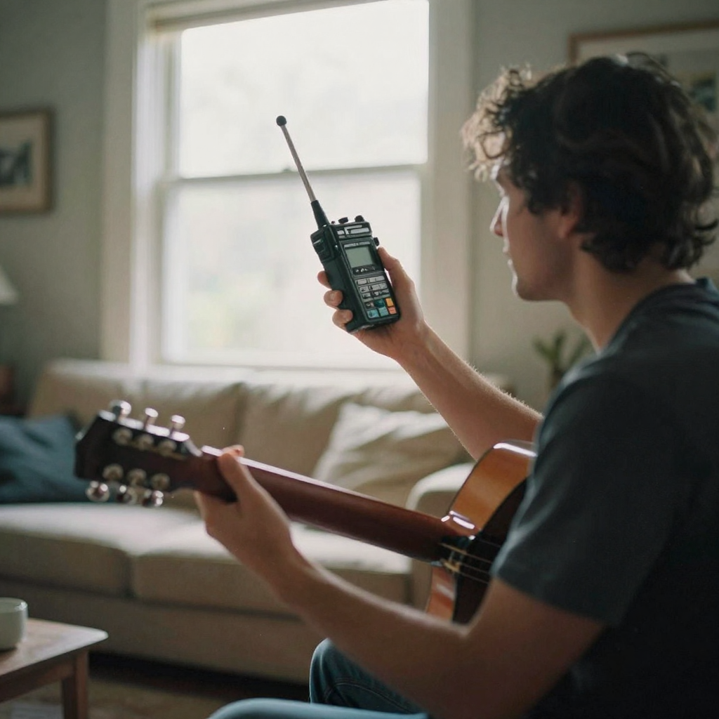 A musician holding a portable field recorder up toward a strummed acoustic guitar in a sunlit living room, capturing a melody, warm daylight