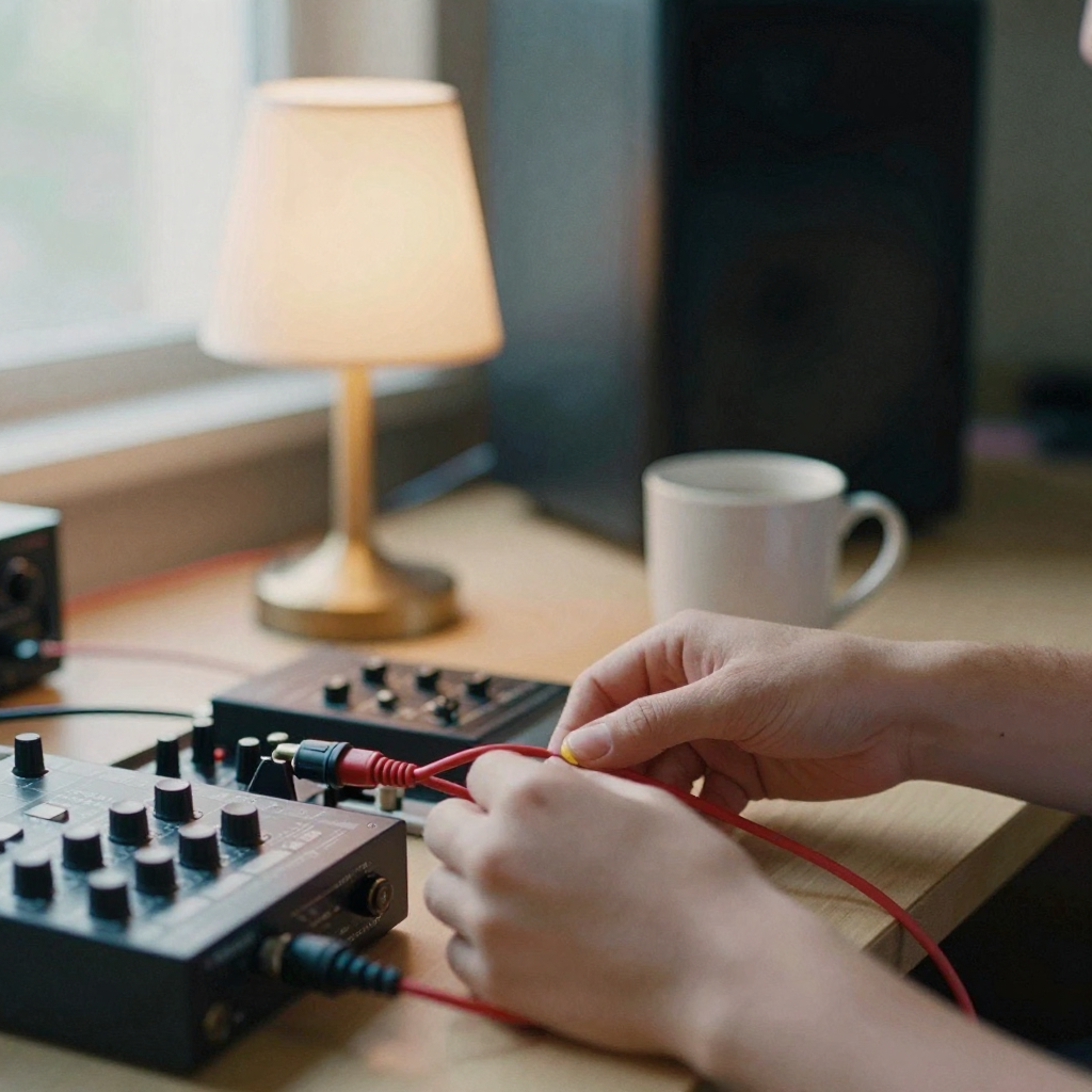 Hands connecting a bright red audio cable into a small mixing interface on a desk, warm studio lamp, a coffee mug beside it, no screens