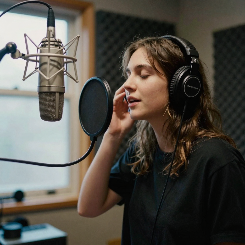 A singer-songwriter humming into a large diaphragm microphone in a foam-lined vocal booth, headphones on, eyes closed in concentration, soft