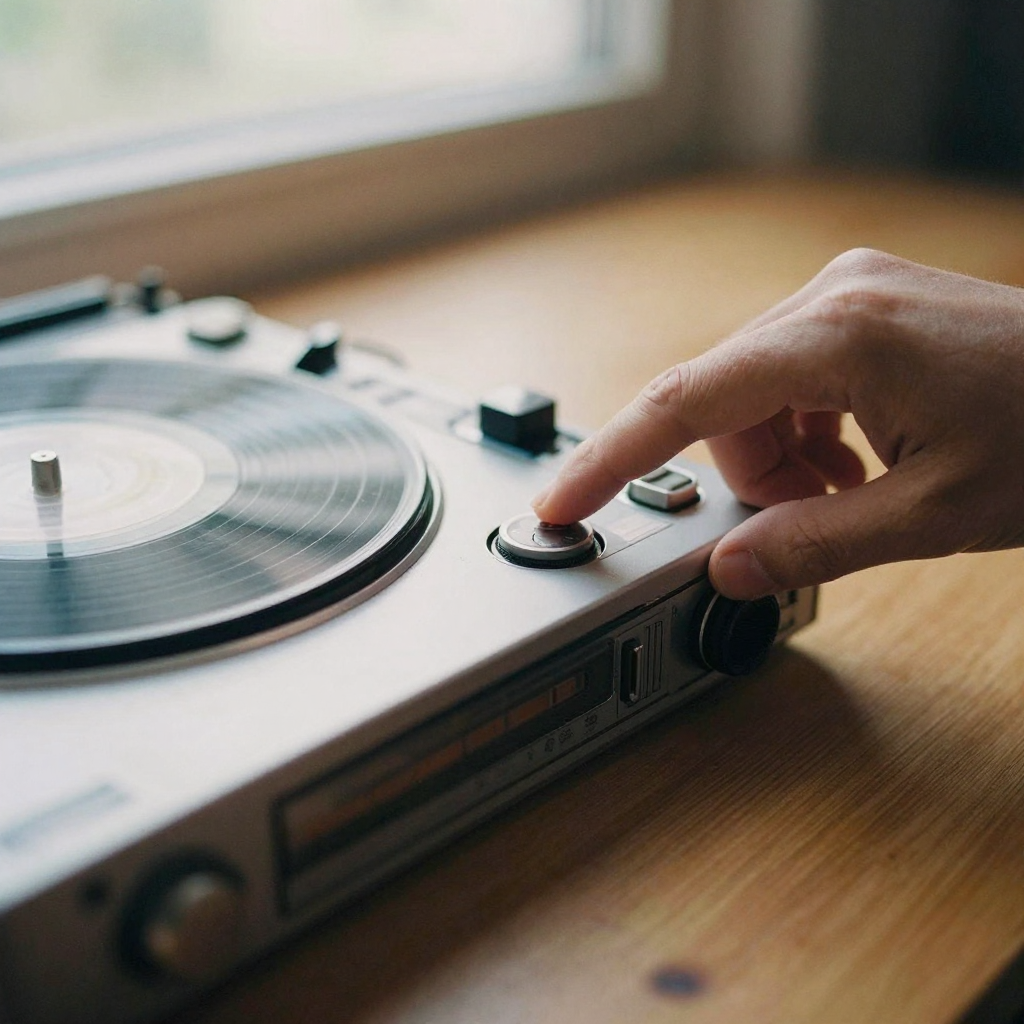 Close-up of a hand pressing the record button on a vintage cassette recorder, warm nostalgic lighting, wood table surface