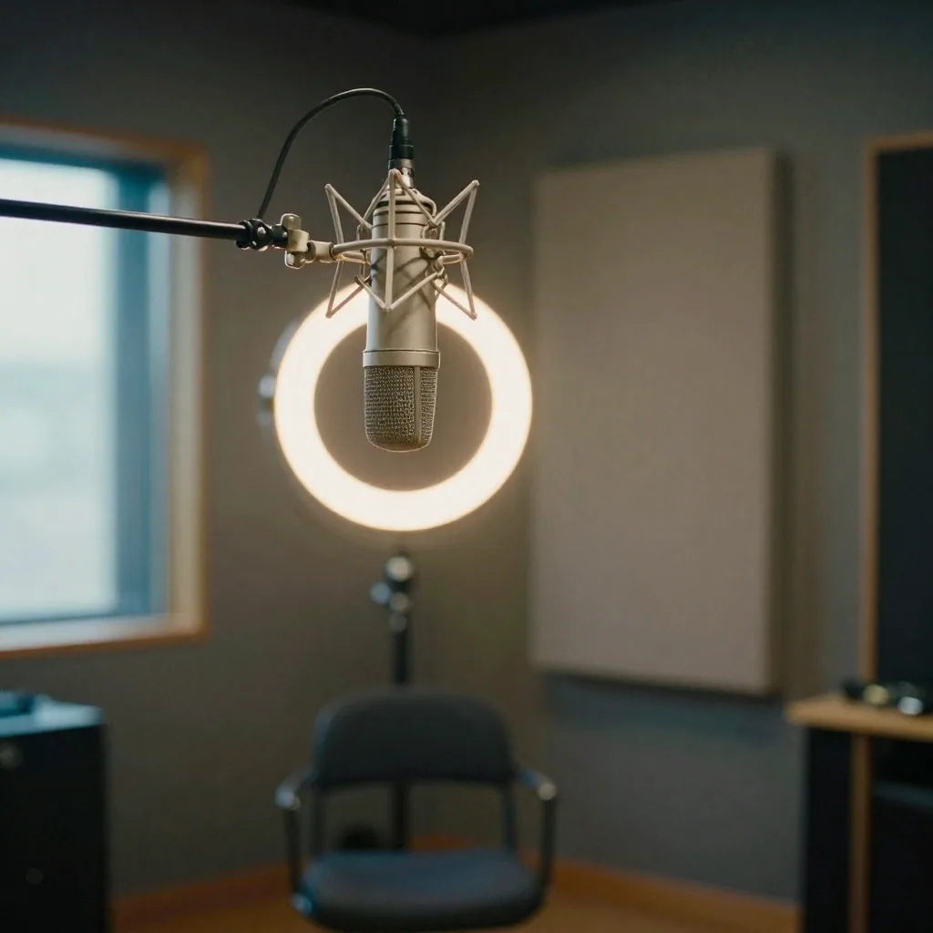 A large silver studio condenser microphone on a boom arm in a foam-padded recording booth, warm ring of light behind it, empty chair, cinema