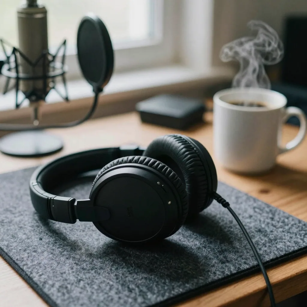 Close-up of over-ear headphones resting on a felt desk pad beside a pop filter and a steaming mug of coffee in a home studio, soft morning l