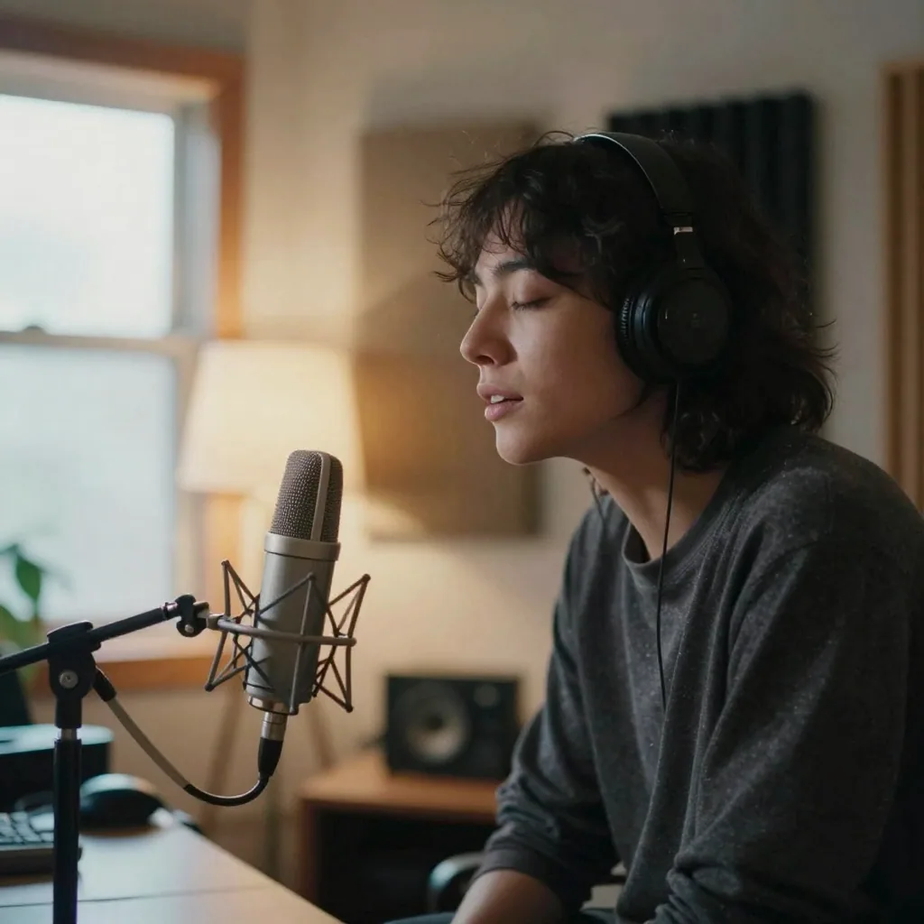 A person leaning toward a microphone with eyes closed mid-sentence in a cozy home studio, warm lamp glow, blurred acoustic panels behind the
