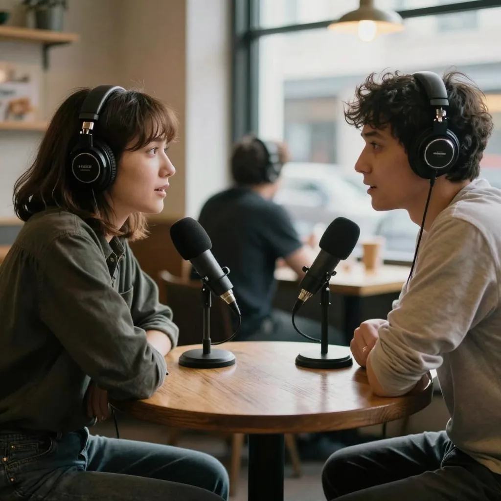 Two people wearing headphones seated across a round wooden table with two microphones between them, animated conversation, warm café-style l
