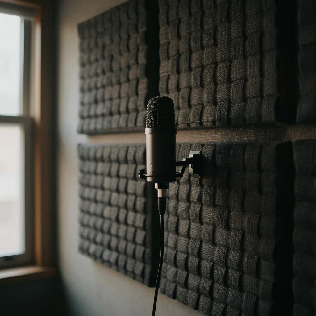 A woven acoustic panel wall in deep charcoal with a single microphone silhouetted against soft rim light, moody podcast studio atmosphere