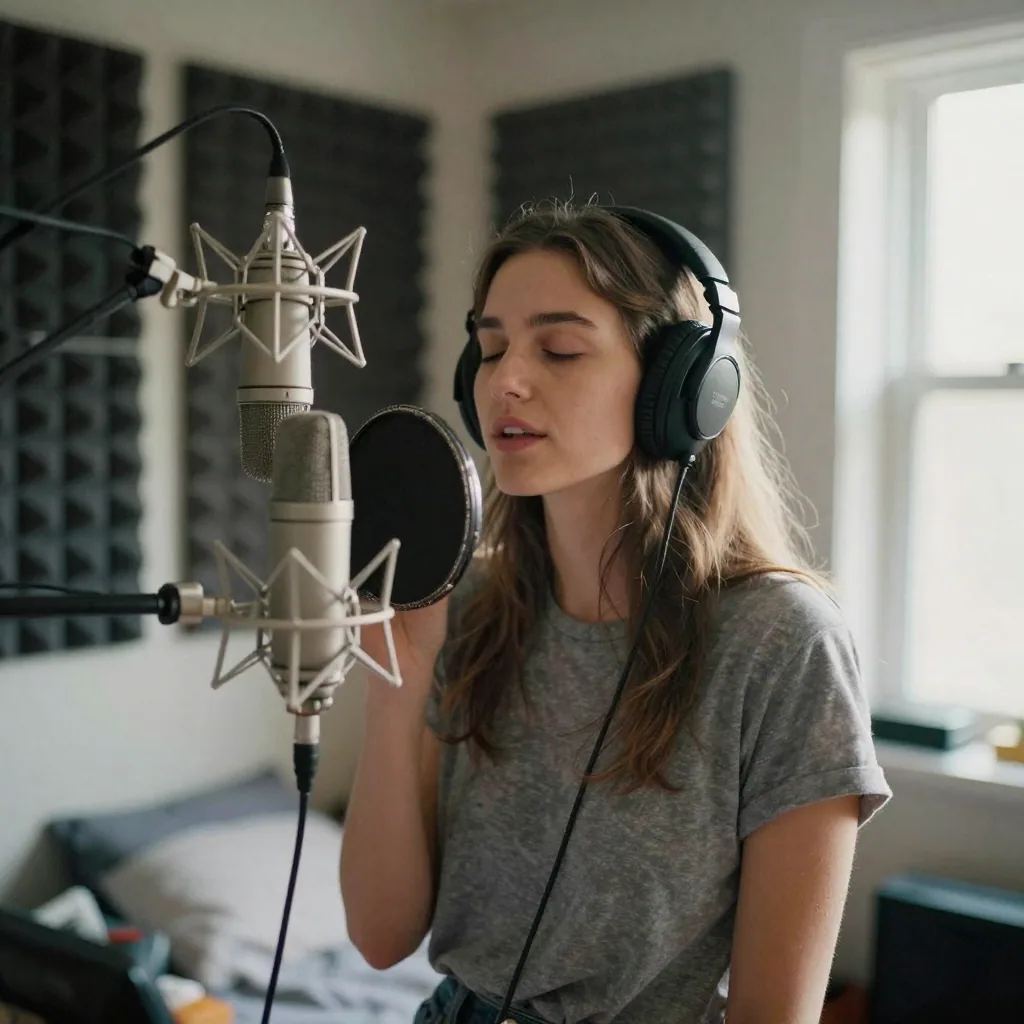 A young woman in a bedroom home studio, foam-panel walls behind her, eyes closed with padded headphones on, humming into a suspended condens