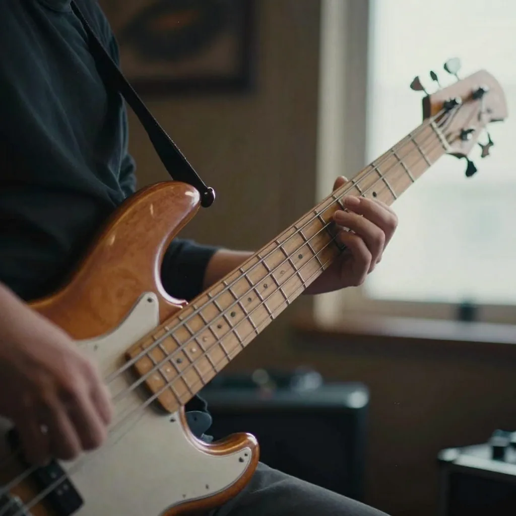 Close-up of a bass guitarist's fingers pressing the fretboard, strings vibrating, warm rim light catching the polished wood body in a dim re
