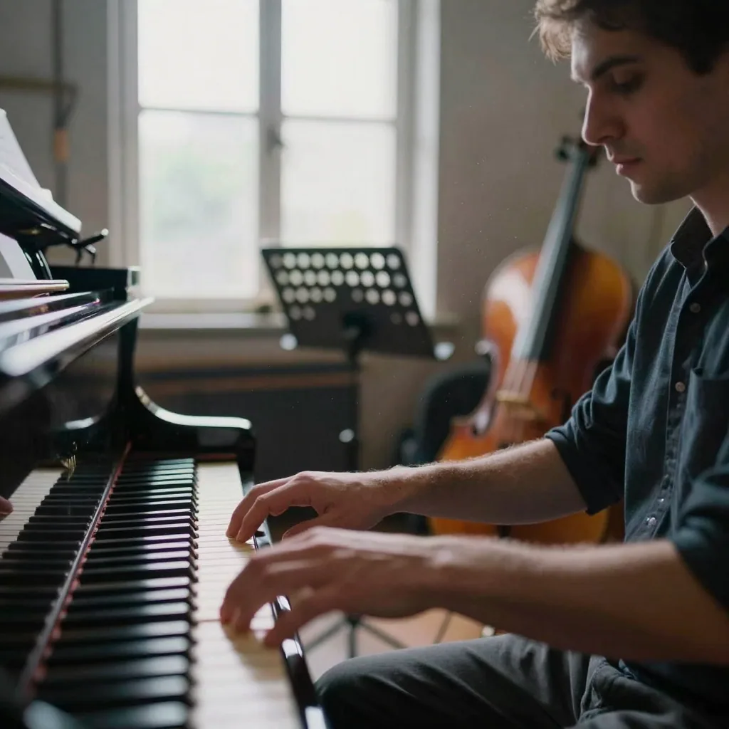 A film composer at a grand piano in a sunlit loft, hands mid-chord, cellos and a music stand blurred behind, dust motes floating in the wind