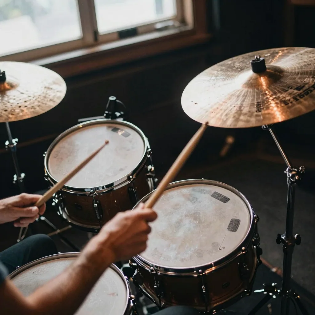 Overhead shot of a drummer's sticks striking a snare, cymbals shimmering, sweat on the forearms, warm stage lighting from above in a small l