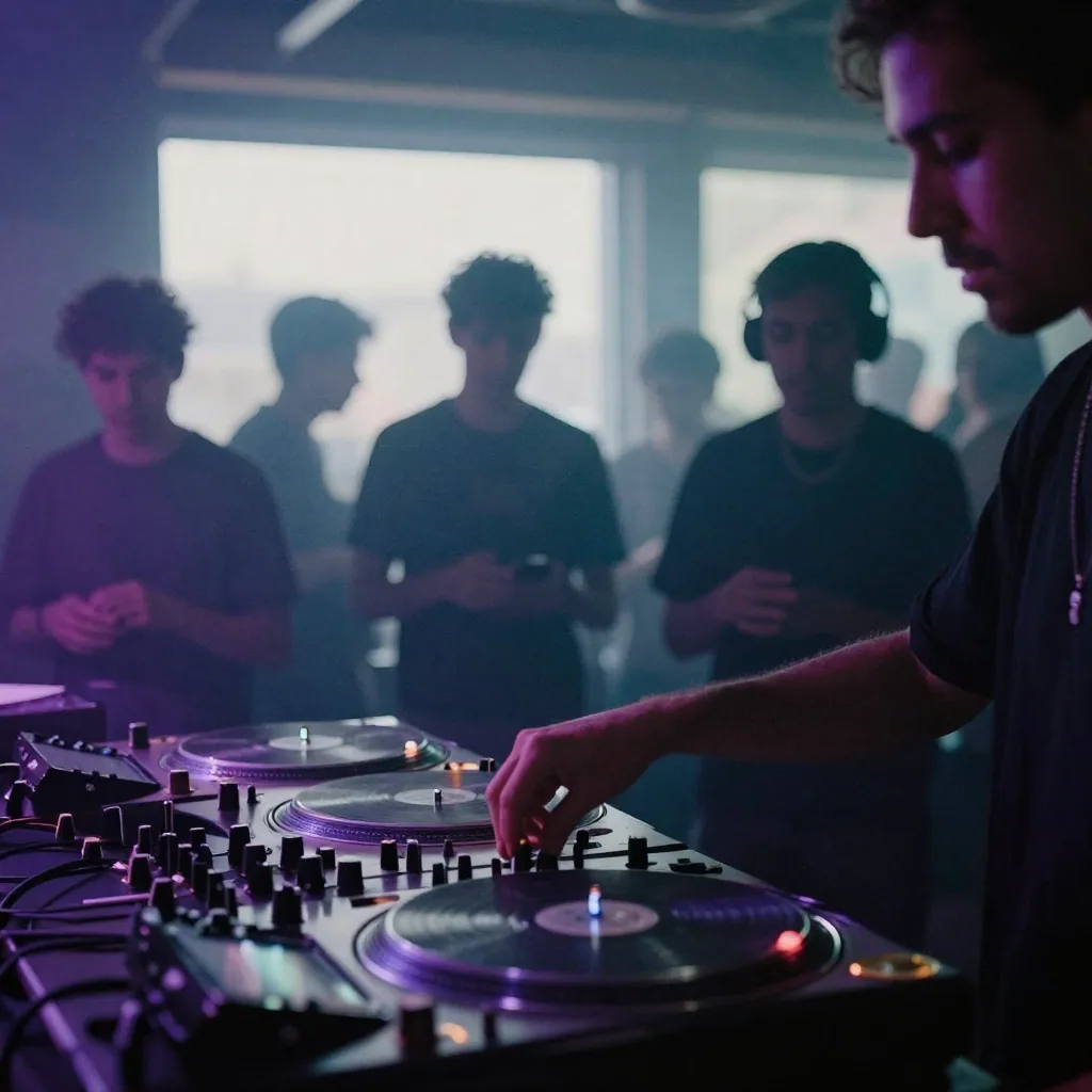 A DJ in a neon-lit basement club with hands on turntable platters, crowd silhouettes and haze behind, purple and teal light washing the scene — the kind of upbeat electronic track the AI music generator can produce