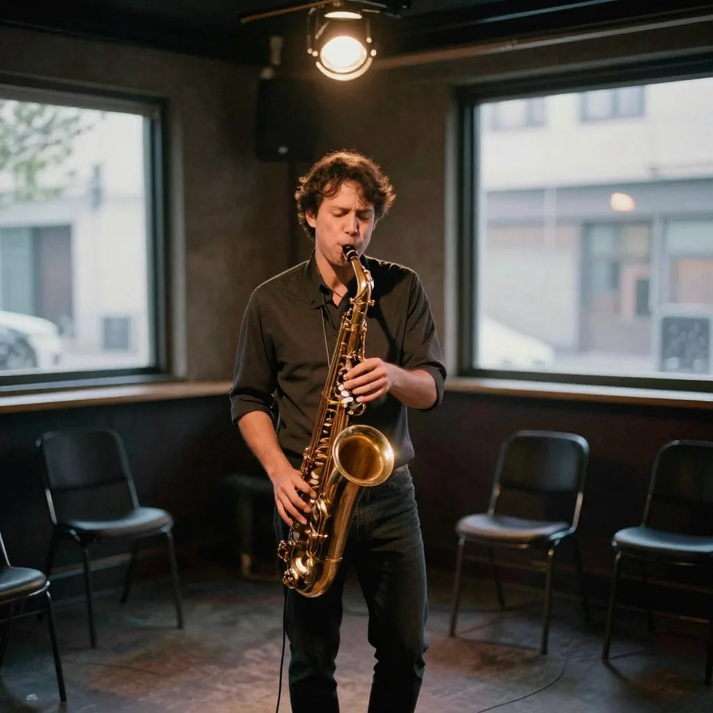 A saxophonist under a single warm spotlight on an empty jazz-bar stage at night, brass gleaming among empty chairs and shadows — a cinematic mood the multi-engine music studio can score from a text prompt