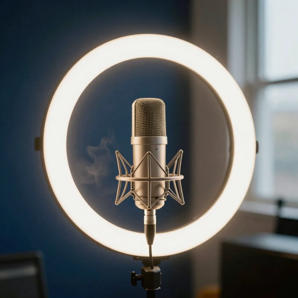 A sleek silver microphone glowing under a warm ring light against a deep blue studio backdrop, wisps of atmospheric haze, cinematic audio mo