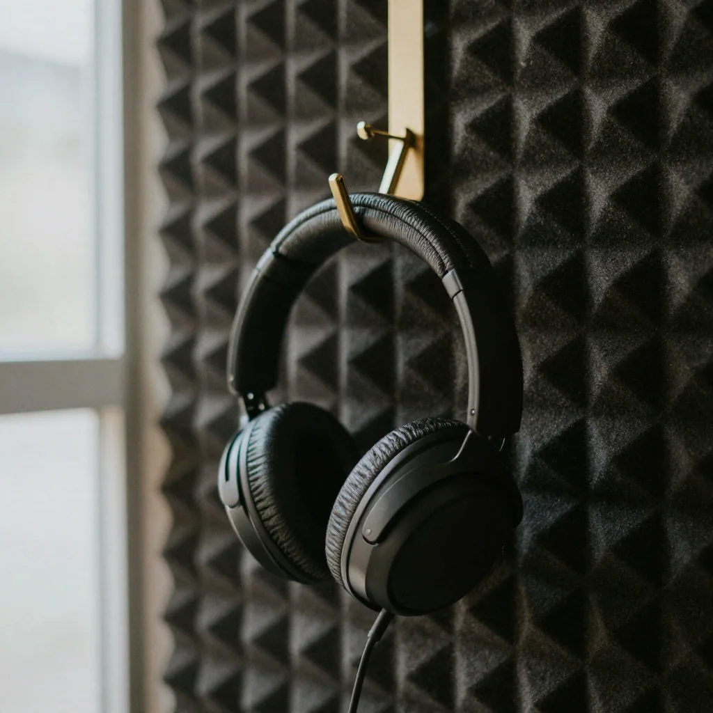 Close-up of over-ear studio headphones hanging on a brass hook against a dark acoustic-foam wall, single soft spotlight, moody ambience