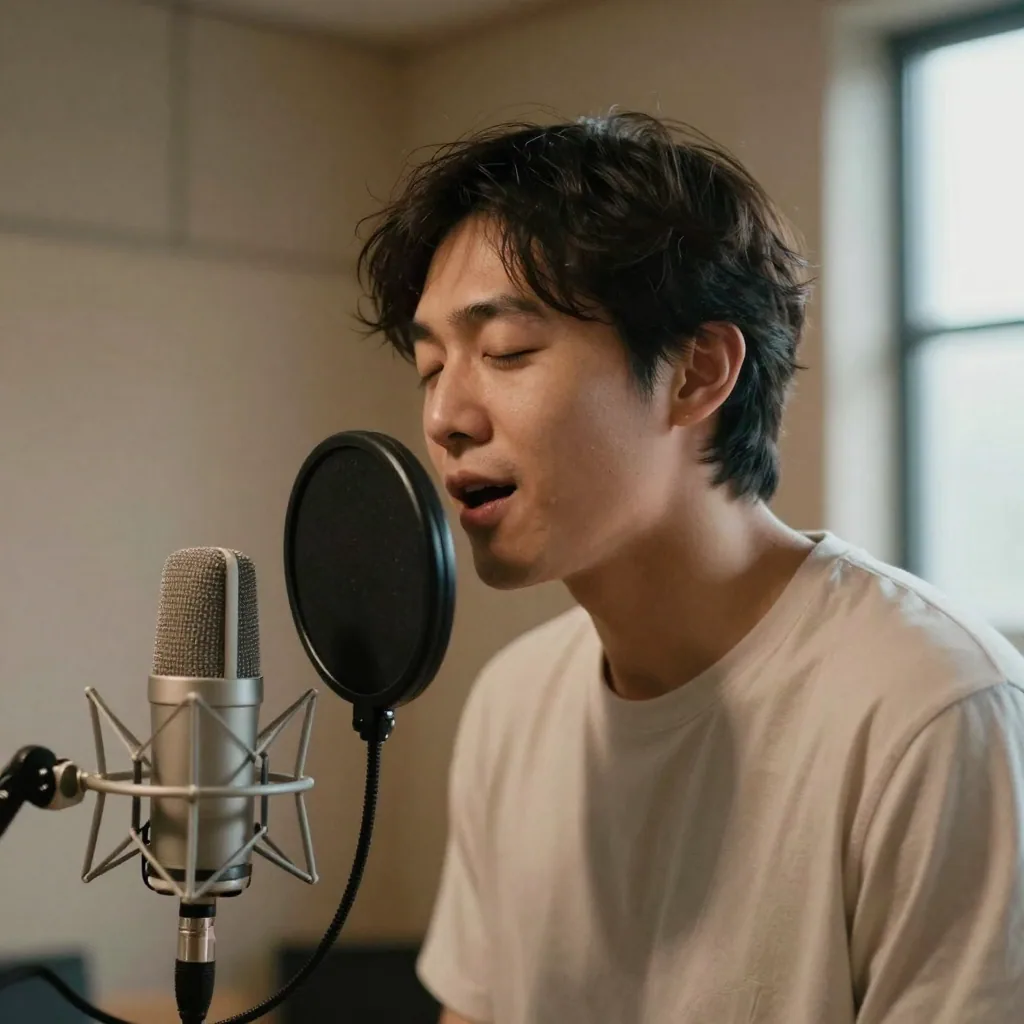 A voice actor leaning into a microphone with a pop filter, eyes closed and expressive, warm booth lighting, blurred padded walls behind