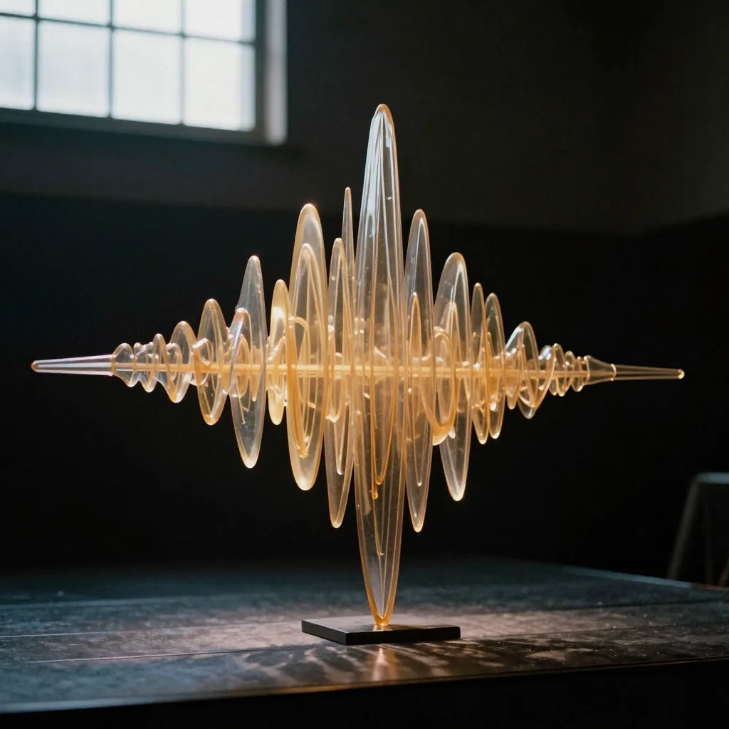 Abstract sculptural sound waves rendered as flowing amber ribbons rising from a microphone silhouette on a dark stage, dramatic spotlight