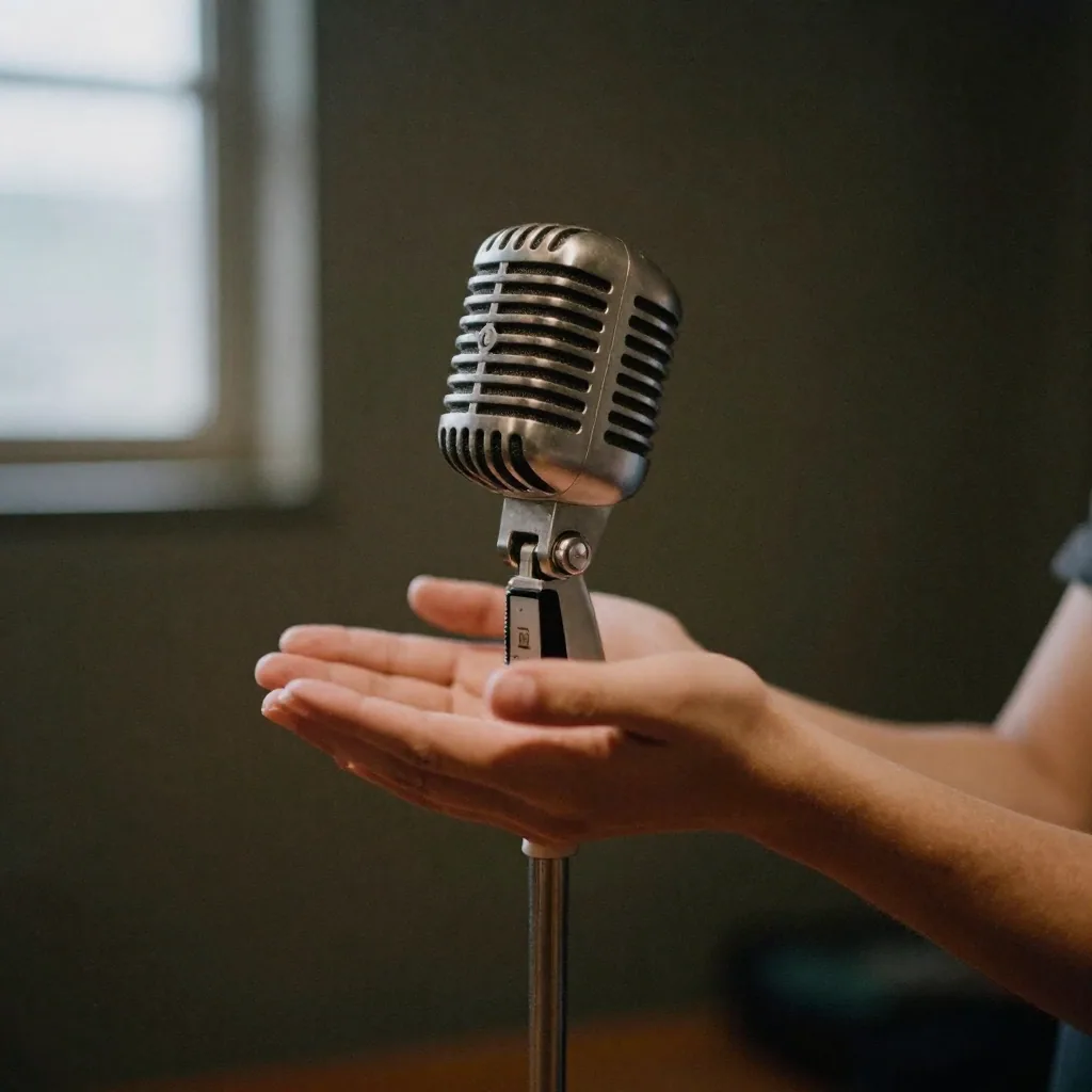 Hands cupped around a vintage ribbon microphone on a wooden stand, warm golden light, dark textured background, intimate recording feel