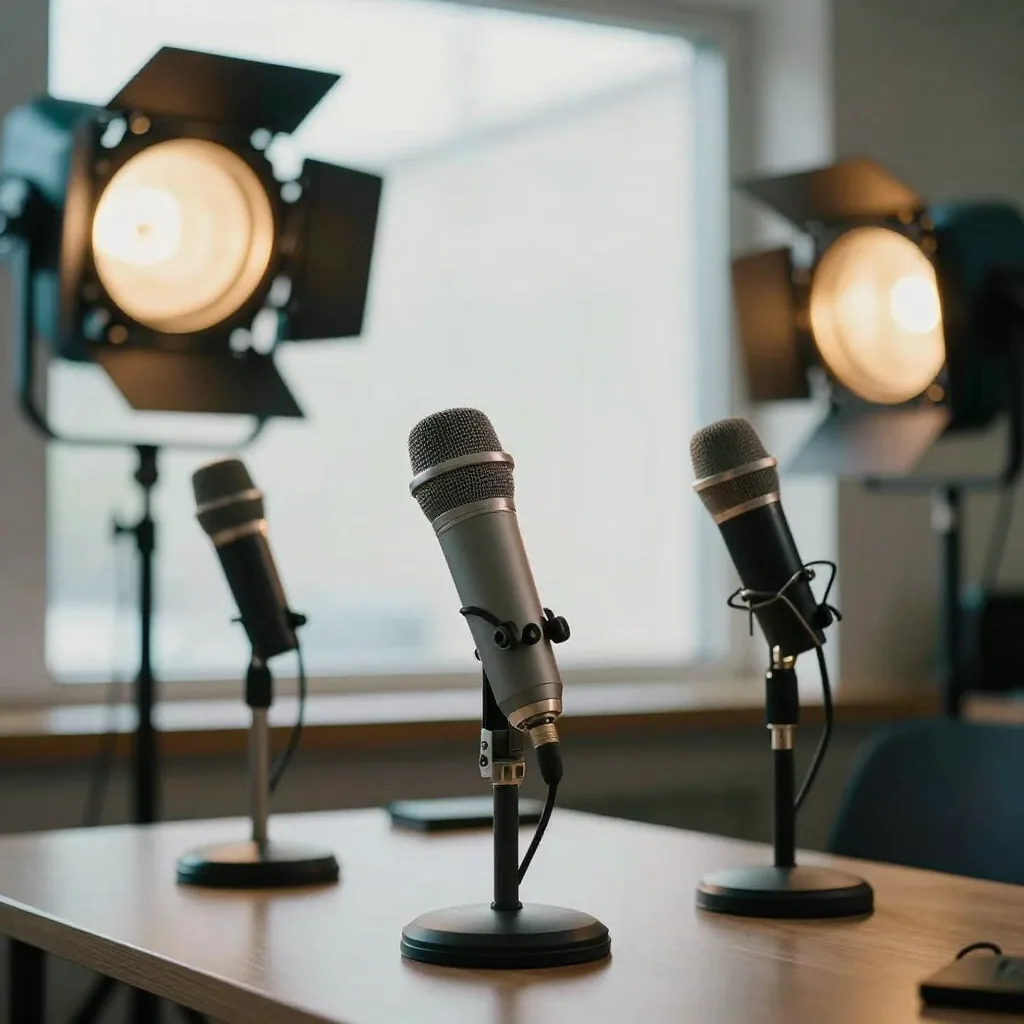 A row of three different microphones on desk stands under colored studio lights, teal and amber glow, shallow focus on the nearest one