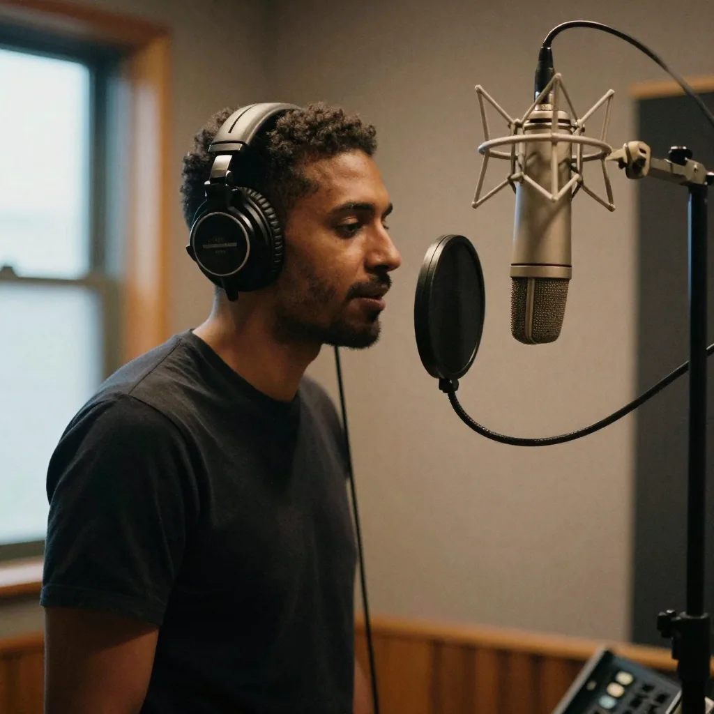 A voice actor standing in a padded recording booth wearing large studio headphones, leaning toward a suspended condenser microphone with a p