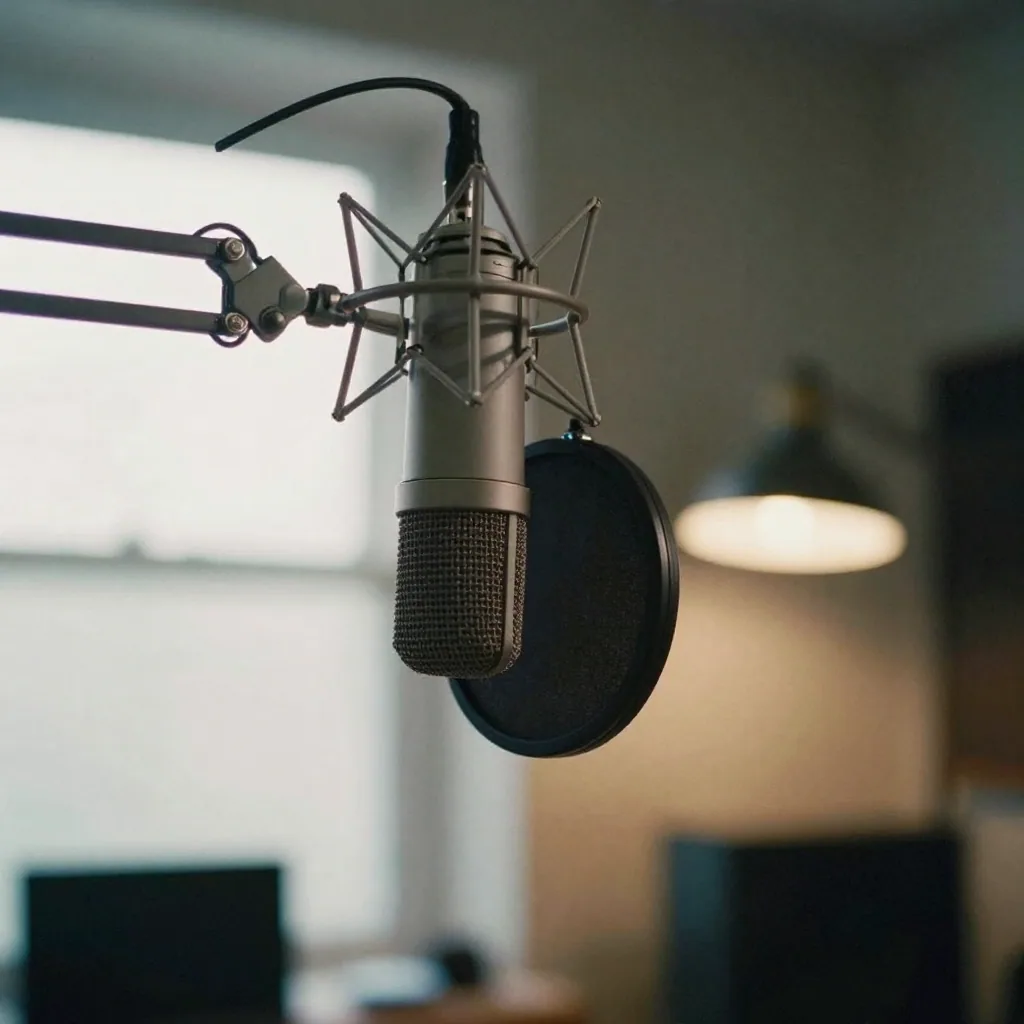 Close-up of a suspended condenser microphone on a boom arm in a dim studio, soft glow from a nearby lamp, foam pop shield in soft focus fore