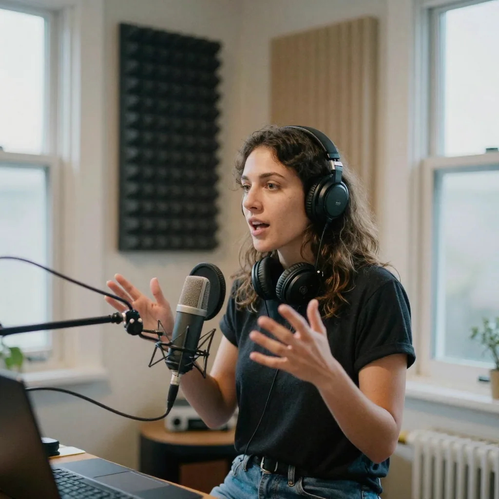 A woman in a home studio corner acoustically treated with foam panels, headphones around her neck, gesturing expressively as she speaks into