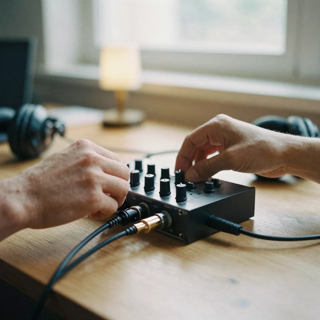 Hands adjusting the gain knob on a small audio interface on a wooden desk, coiled XLR cable and headphones beside it, warm lamp light, no vi