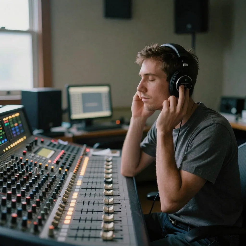 A sound engineer wearing headphones in a dimly lit control room, eyes closed, listening intently, faders and knobs of an analog mixing conso